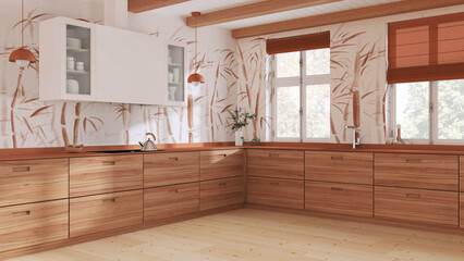 Wooden kitchen in white and orange tones. Minimalist and clean style. Parquet floor, beams ceiling and bamboo wallpaper. Japandi interior design
