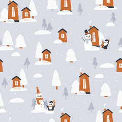 Seamless Christmas pattern with winter houses. Winter village. seamless pattern for paper, wrapping, clothing, textile, wallpaper. Vector illustration