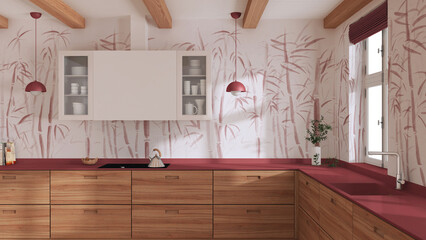 Wooden japandi kitchen in white and red tones. Parquet floor, beams ceiling and bamboo wallpaper. Minimalist interior design