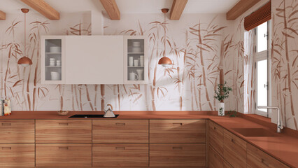 Wooden japandi kitchen in white and orange tones. Parquet floor, beams ceiling and bamboo wallpaper. Minimalist interior design