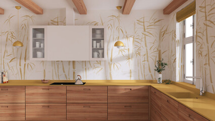 Wooden japandi kitchen in white and yellow tones. Parquet floor, beams ceiling and bamboo wallpaper. Minimalist interior design