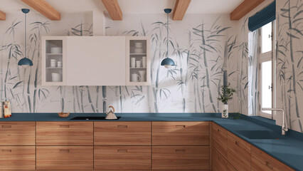 Wooden japandi kitchen in white and blue tones. Parquet floor, beams ceiling and bamboo wallpaper. Minimalist interior design