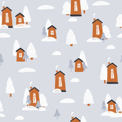Cute Christmas houses. Winter village. seamless pattern for paper, wrapping, clothing, textile, wallpaper. Vector illustration