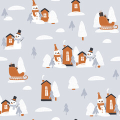 Cute Christmas town. Winter village. seamless pattern for paper, wrapping, clothing, textile, wallpaper. Vector illustration