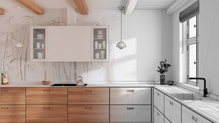 Architect interior designer concept: hand-drawn draft unfinished project that becomes real, wooden japandi kitchen. Parquet floor and beams ceiling. Minimalist mood