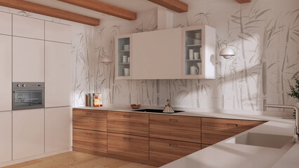 Minimalist wooden kitchen in white tones with appliances. Parquet floor, beams ceiling and bamboo wallpaper. Japandi interior design