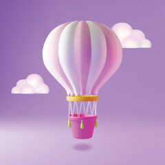 3d Hot Air Balloon Flying between Clouds in The Sky Plasticine Cartoon Style Travel Concept. Vector illustration