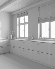 Total white project draft, minimalist japandi wooden kitchen. Parquet floor and beams ceiling. Farmhouse interior design
