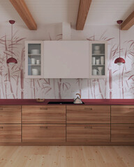 Minimalist wooden kitchen in white and red tones. Close up, front view. Parquet floor, beams ceiling and bamboo wallpaper. Japandi interior design