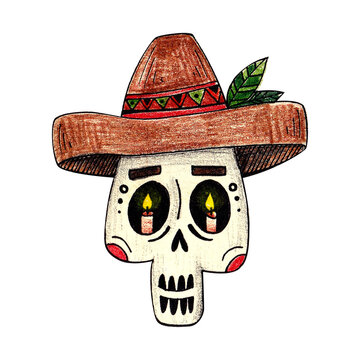 Skull in a cowboy hat. Halloween. The day of the dead in Mexico. Doodle Illustration with watercolor pencils on a white background. for printing stickers, postcards, icons, logo,