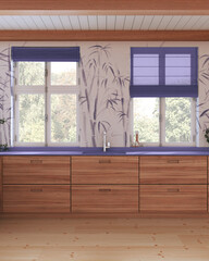 Minimalist wooden kitchen in white and purple tones. Parquet floor, beams ceiling and bamboo wallpaper. Windows with curtains. Japandi interior design