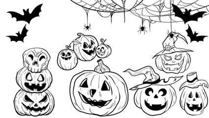 Hand drawn halloween pumpkin set, vector, illustration