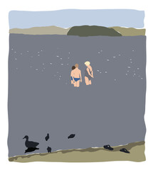 A woman and two children went into the water on the shore of the lake. A duck walks on the beach with ducklings. Flat illustration.