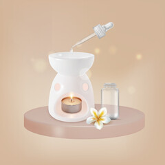 Realistic Detailed 3d Lamp Aroma Therapy with Candle and Essential Oil Bottle Frangipani Flower a Round Wooden Board. Vector illustration of Aromatherapy Concept