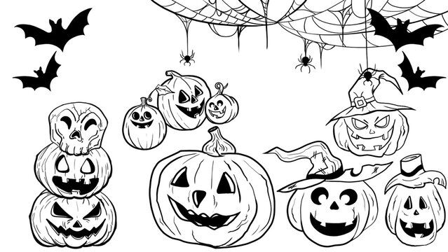 Hand drawn halloween pumpkin set, vector, illustration