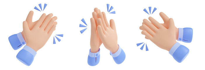 3D illustration set of hands applauding isolated on white background. Human palms with clapping sound effect design. Gesture symbolizing success, congratulation, celebration, excitement, approval - obrazy, fototapety, plakaty