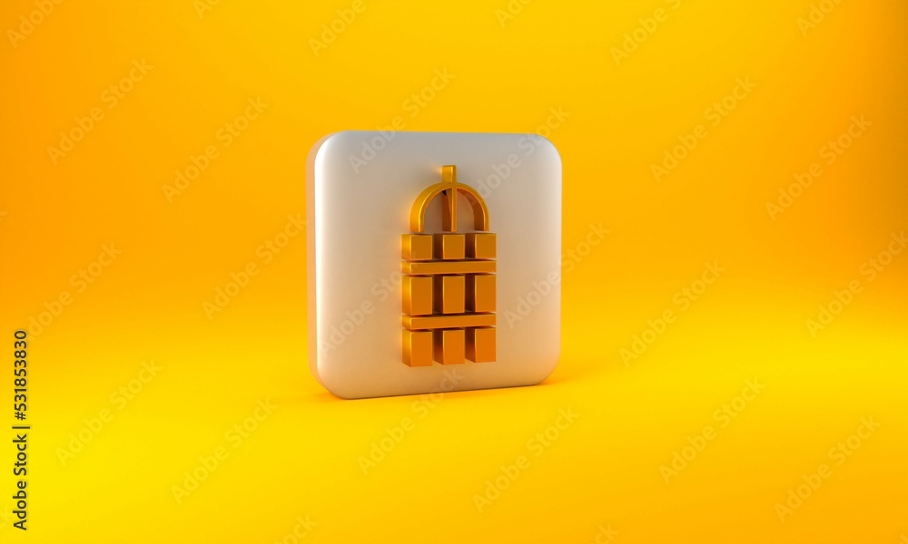 Poster gold detonate dynamite bomb stick and timer clock icon isolated on yellow background. time bomb - ex