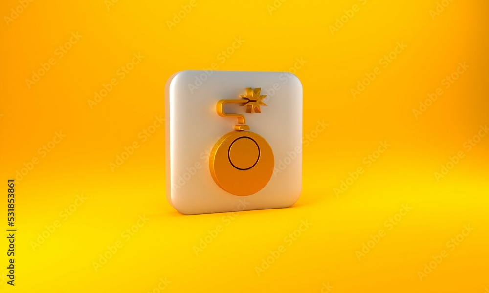 Poster gold bomb ready to explode icon isolated on yellow background. silver square button. 3d render illus