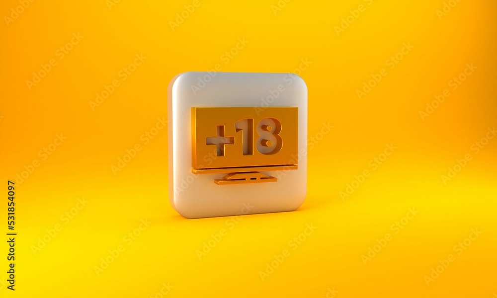 Poster gold computer monitor with 18 plus content icon isolated on yellow background. age restriction symbo
