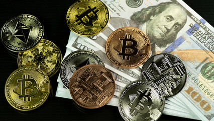 Golden bitcoins crypto currency with blockchain technology concept with dollar bills, electronic...