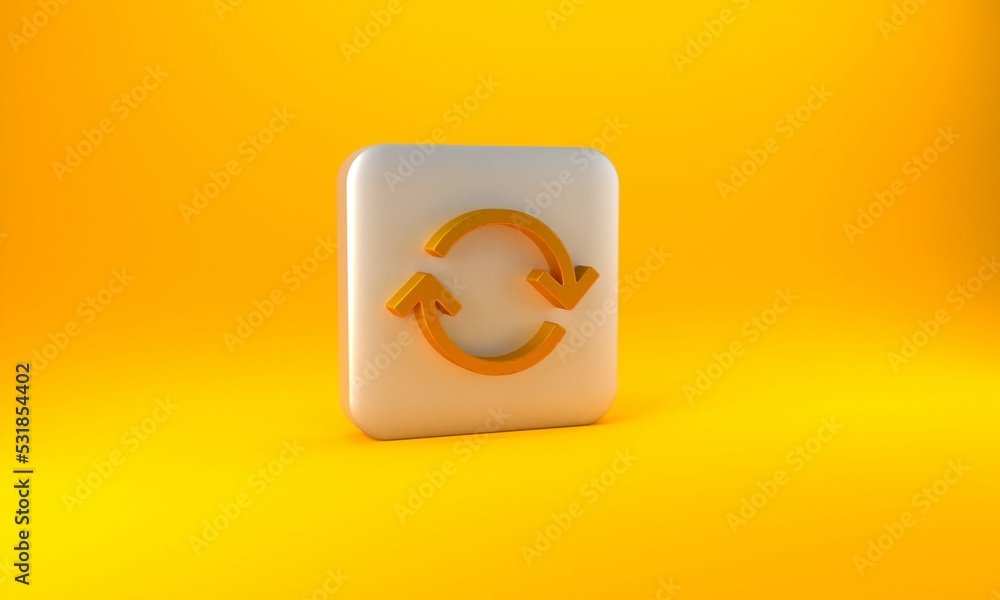 Poster gold refresh icon isolated on yellow background. reload symbol. rotation arrows in a circle sign. si