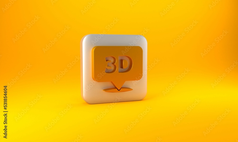 Poster gold speech bubble with text 3d icon isolated on yellow background. silver square button. 3d render 