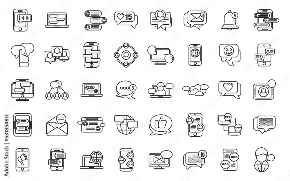 Poster messaging network icons set outline vector. share star. people data
