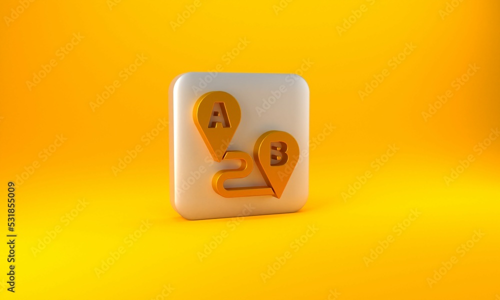 Poster gold route location icon isolated on yellow background. map pointer sign. concept of path or road. g