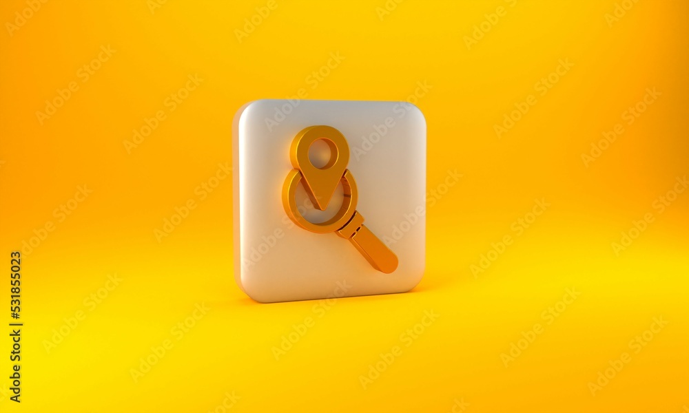 Poster gold search location icon isolated on yellow background. magnifying glass with pointer sign. silver 