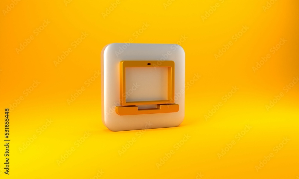 Poster Gold Laptop icon isolated on yellow background. Computer notebook with empty screen sign. Silver square button. 3D render illustration