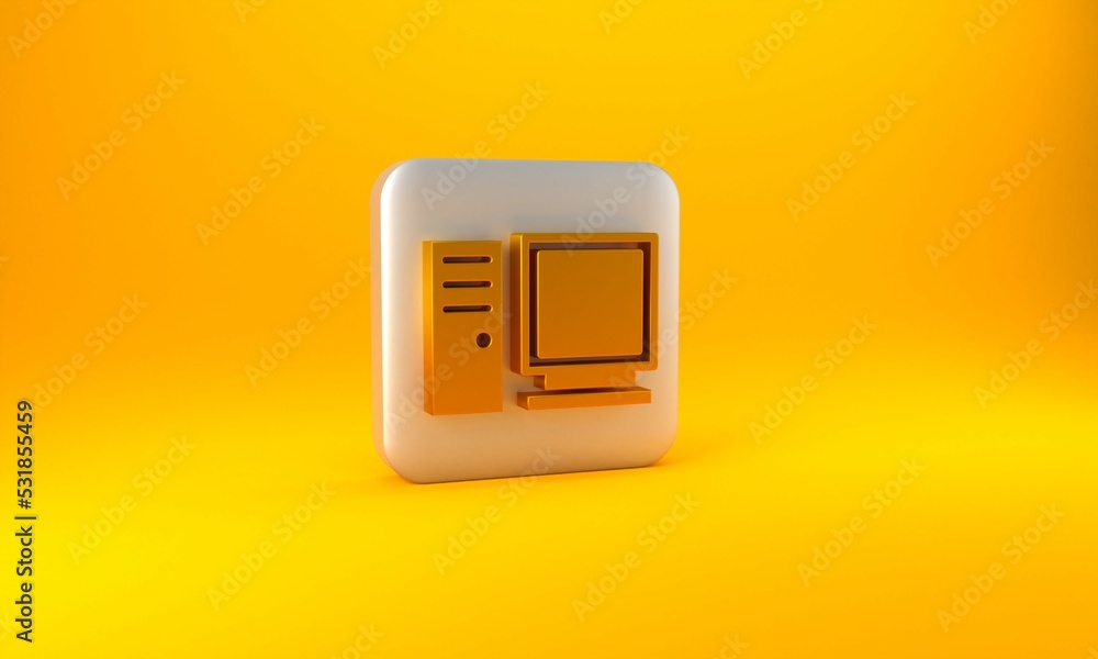Aufkleber gold computer monitor icon isolated on yellow background. pc component sign. silver square button. 3