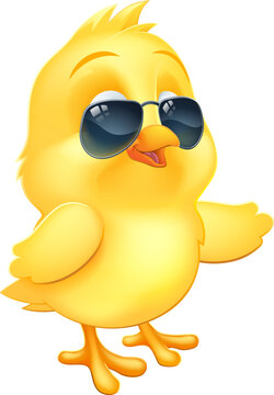 A cool Easter baby chick chicken bird cartoon character in sunglasses or shades pointing a wing