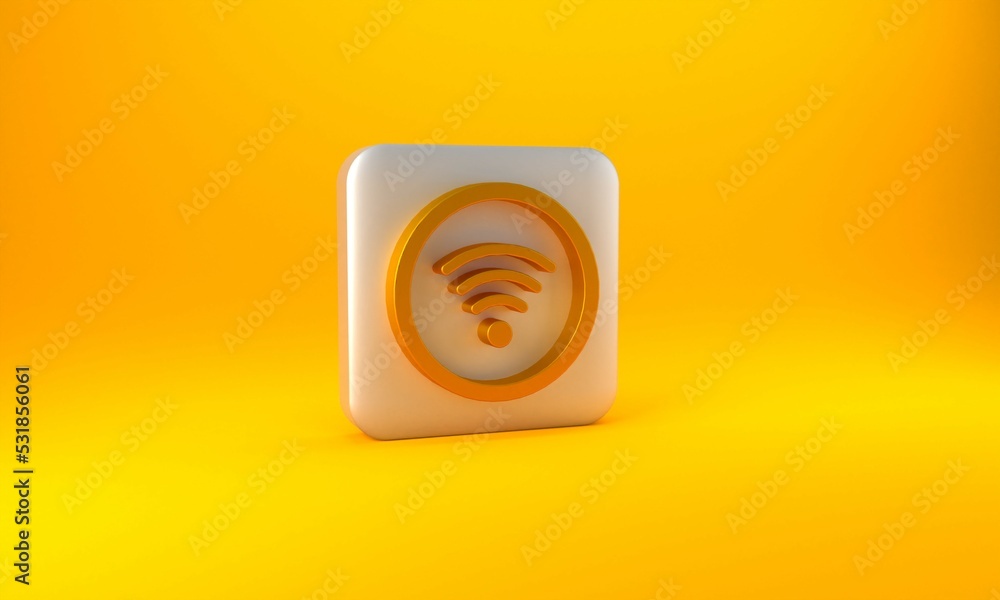 Poster gold wi-fi wireless internet network symbol icon isolated on yellow background. silver square button
