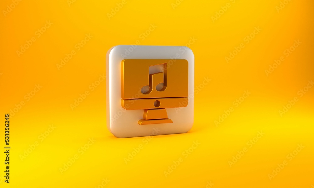 Poster gold computer with music note symbol on screen icon isolated on yellow background. silver square but
