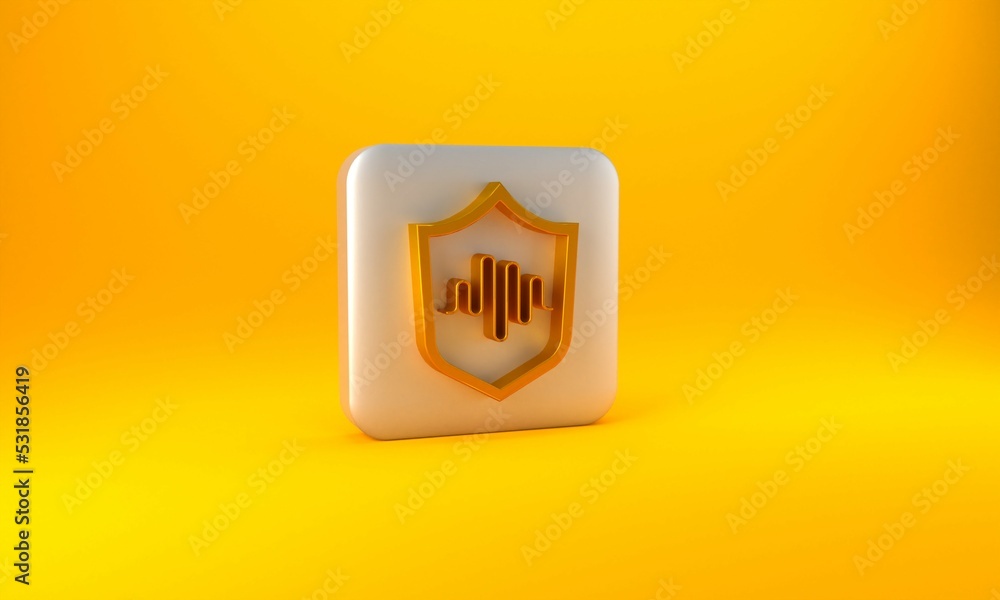 Poster gold shield voice recognition icon isolated on yellow background. voice biometric access authenticat