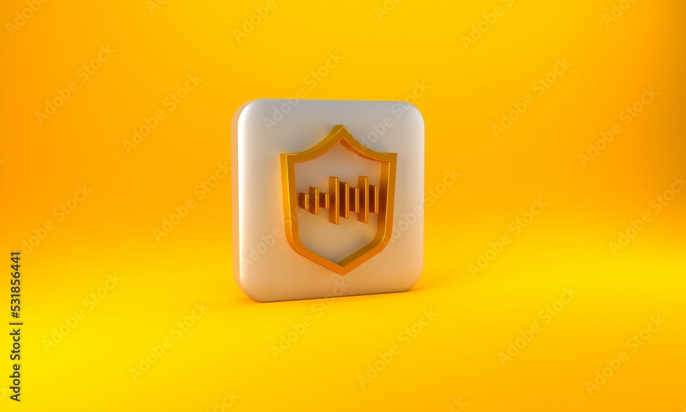 Poster gold shield voice recognition icon isolated on yellow background. voice biometric access authenticat