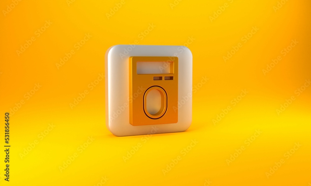 Poster gold human hand scanning with finger scan on access control machine icon isolated on yellow backgrou