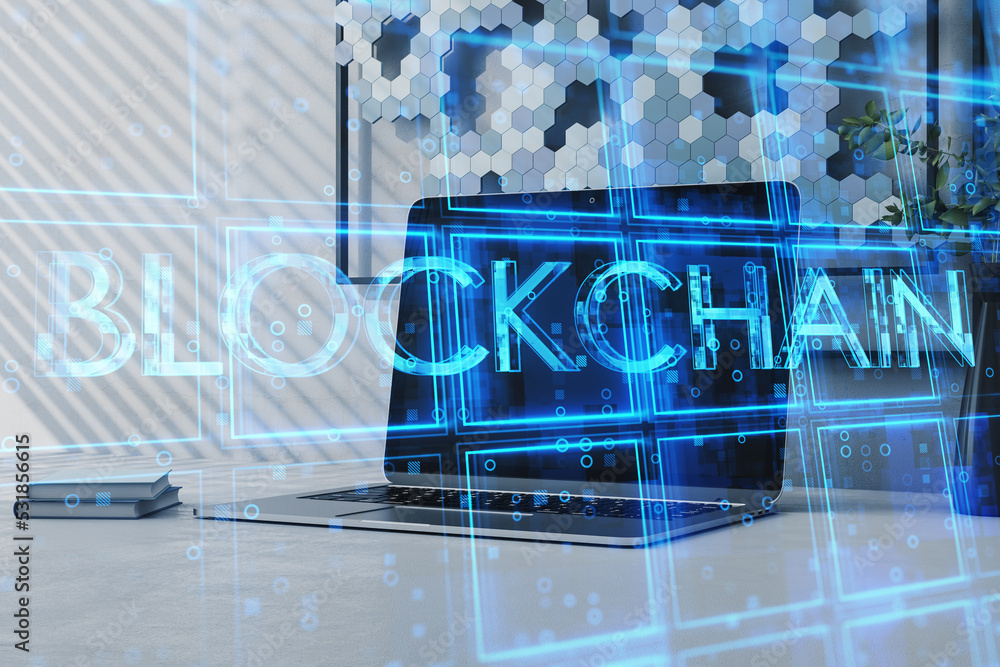Poster close up of laptop at workplace with creative blue cubes blockchain text hologram. technology and in