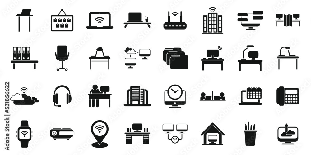 Poster smart office space icons set simple vector. computer data. digital device
