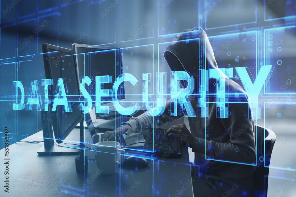 Poster Hacker using computers in office with creative blue cubes data security text hologram on blurry background. Technology, hacking, theft, secure and information protection concept. Double exposure.