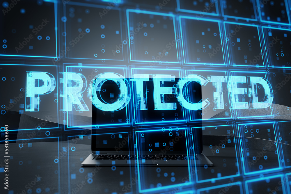 Poster Close up of notebook computer with creative blue cubes protected text hologram on blurry background. Technology, secure and information protection concept. Double exposure.