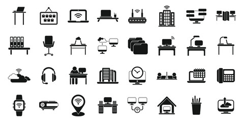 Smart office space icons set simple vector. Computer data. Digital device
