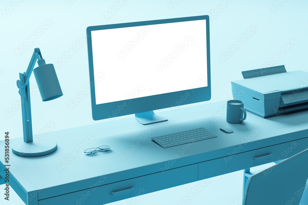 Poster Close up of creative blue minimalistic designer workspace with furniture, empty mock up computer monitor and other items. 3D Rendering.