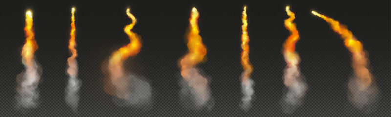 Rocket fire smoke trails, spacecraft startup launch or signal clouds. Space jet flames, airplane or shuttle contrail in sky, design elements isolated on transparent background, Realistic 3d vector set © klyaksun