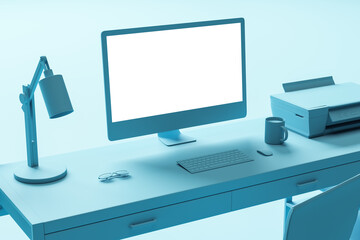 Close up of creative blue minimalistic designer workspace with furniture, empty mock up computer monitor and other items. 3D Rendering.