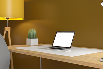 Modern dark designer office workplace with various items, empty white mock up laptop screen, decorative plant and lamp. Workspace and home concept. 3D Rendering.