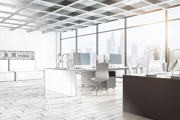 Hand drawn sketch of contemporary concrete and wooden coworking office interior with furniture, equipment and window with city view, daylight. Refurbishment, design and project concept. 3D Rendering.