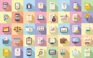 Financial planning icons set flat vector. Manage risk. Plan account