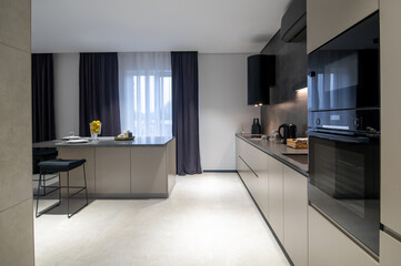 Smart kitchen interior with built-in household appliances