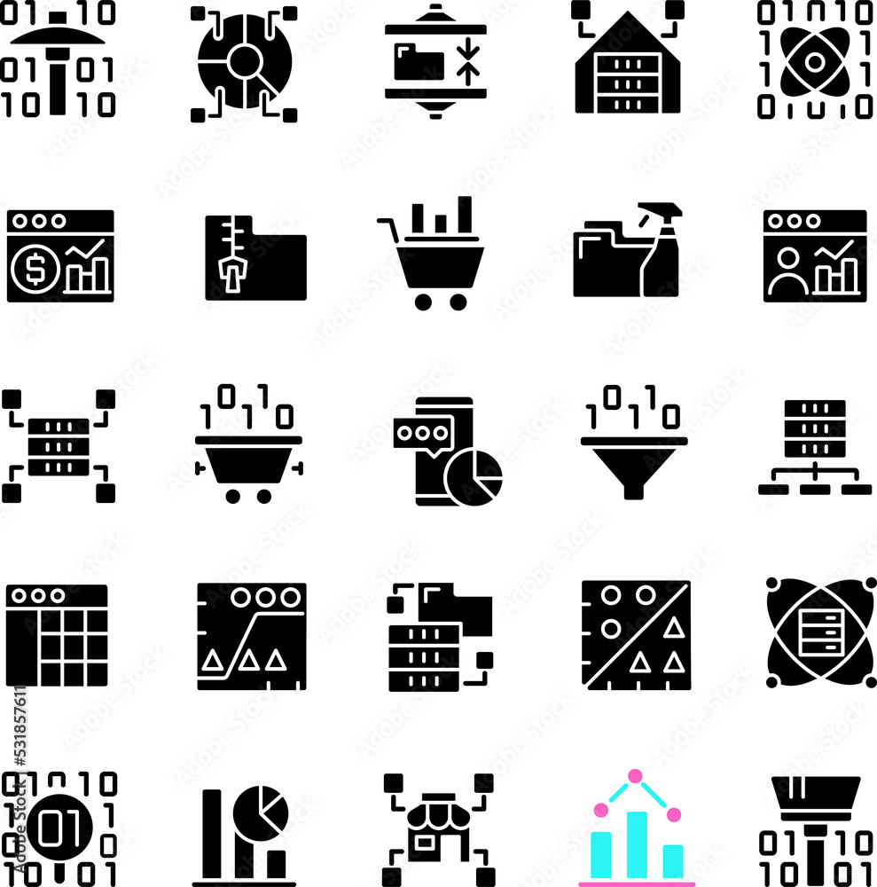 Poster data mining black glyph icons set on white space. knowledge discovering in data. analyze and storage